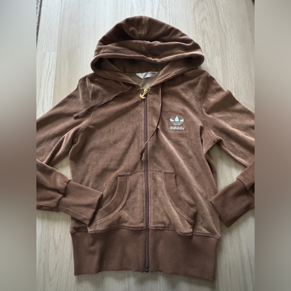 VINTAGE 2007 ADIDAS velour zip up track jacket HOODIE HOODED BROWN CROWN LOGO S
